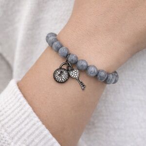 Gray Agate Beaded Bracelet Lock & Key Charm | One Of A Kind Stretch Bracelet